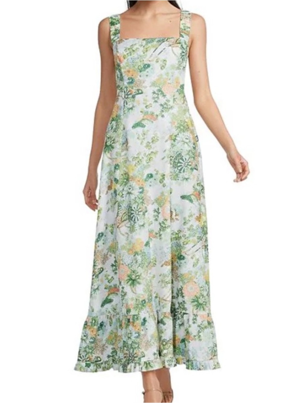 Square-Neck Floral Maxi Dress in Green and Cream